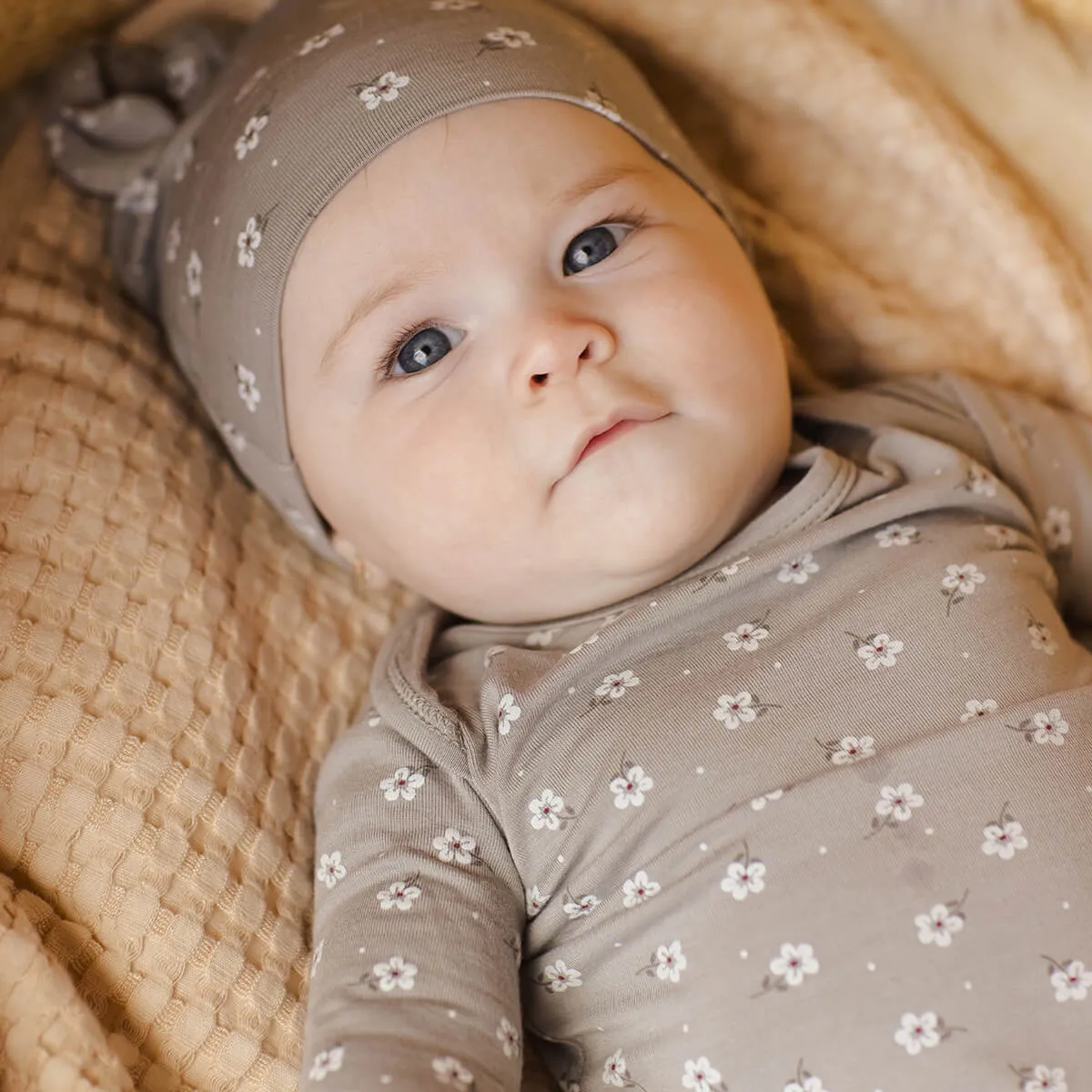 Bamboo Baby Gown and Hat Set in Blue Ditsy by Quincy Mae