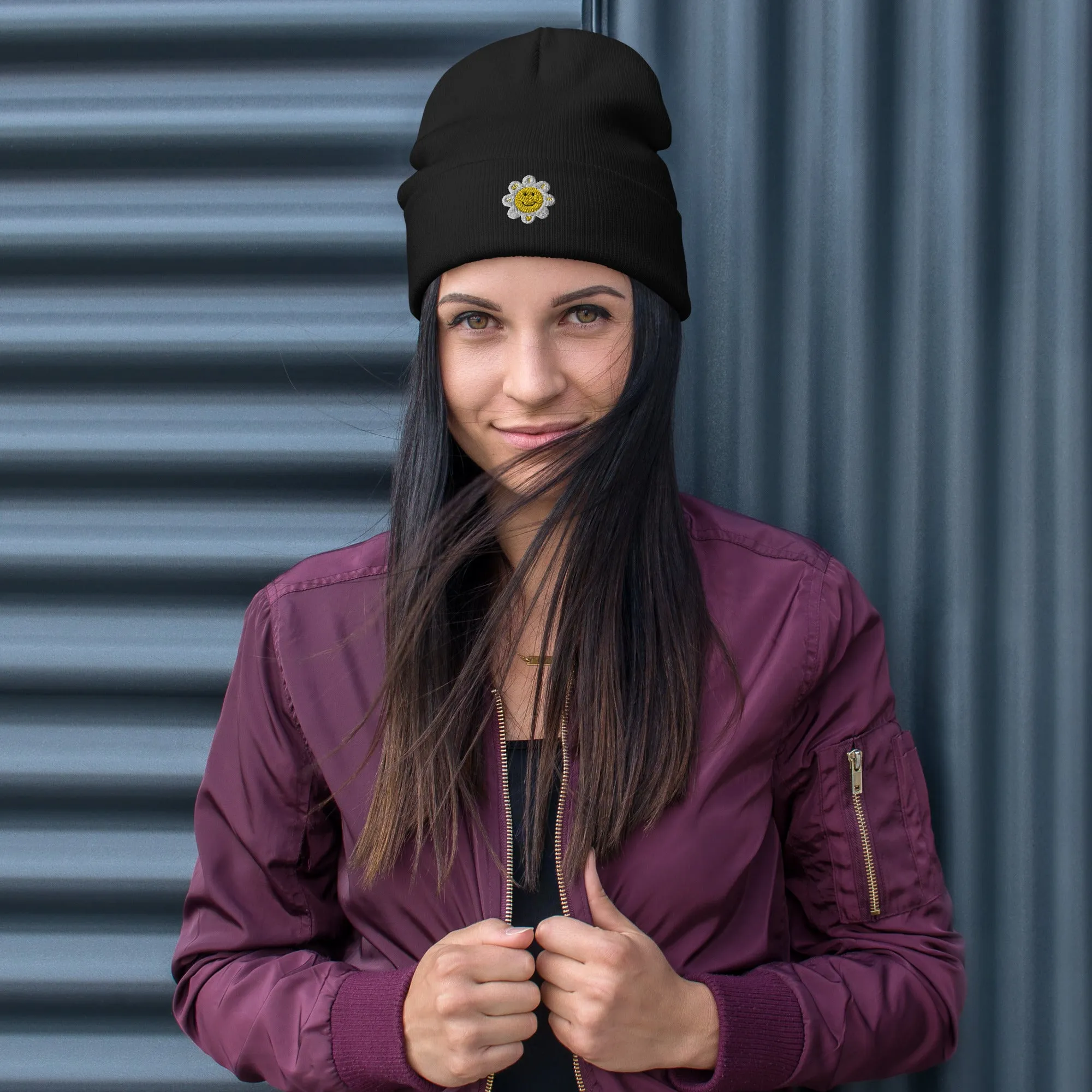 Embroidered Flower Smile Beanie