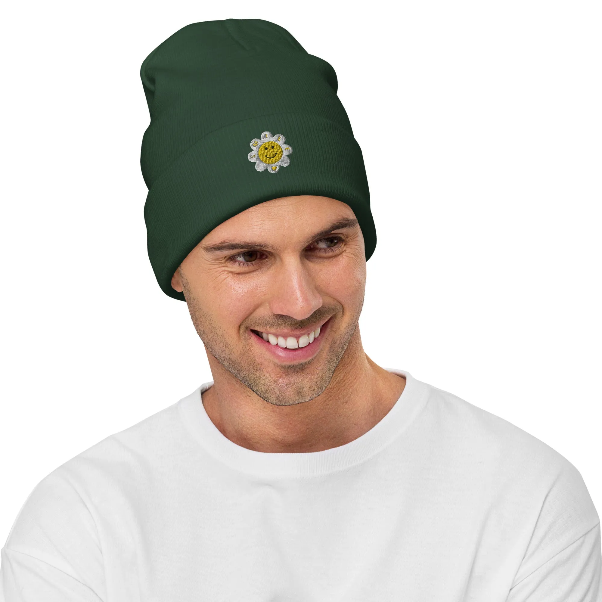 Embroidered Flower Smile Beanie