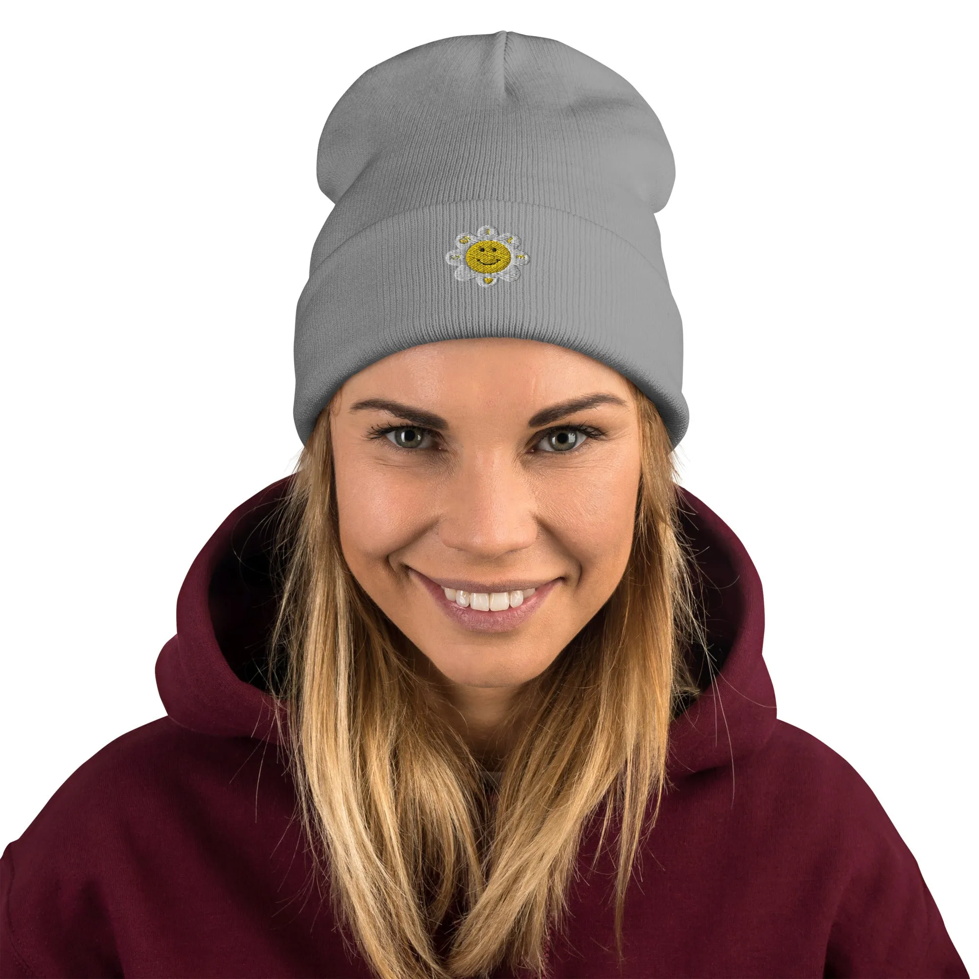 Embroidered Flower Smile Beanie