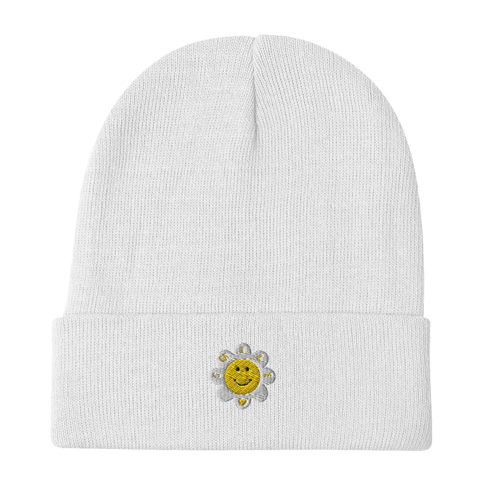 Embroidered Flower Smile Beanie