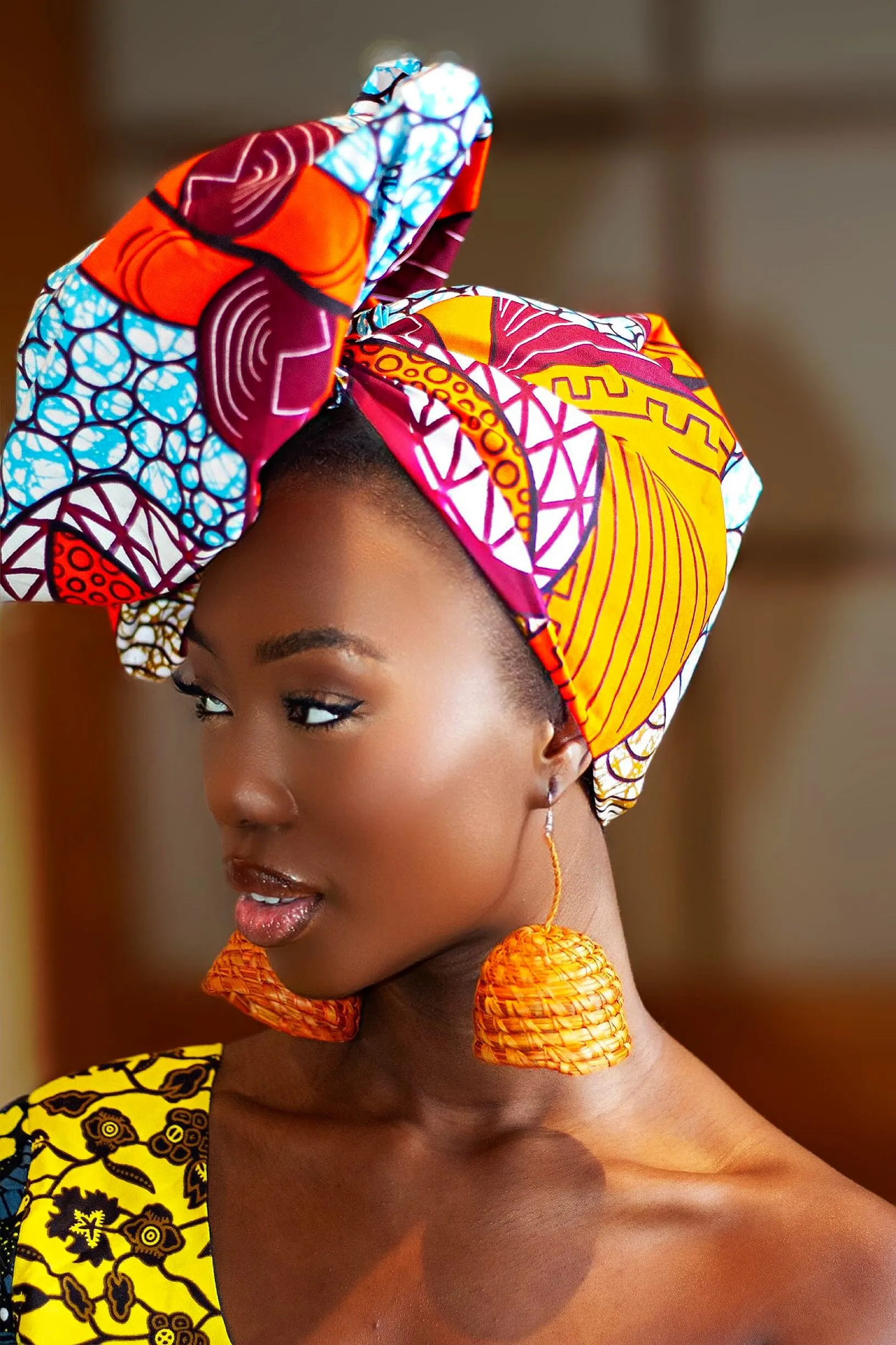 Gift Bundle African Ankara Print Headwrap/Headtie with Rattan Earring- Iris