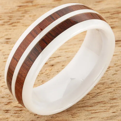 High Tech White Ceramic Natural Koa Wood Double Row Oval Wedding Ring 8mm