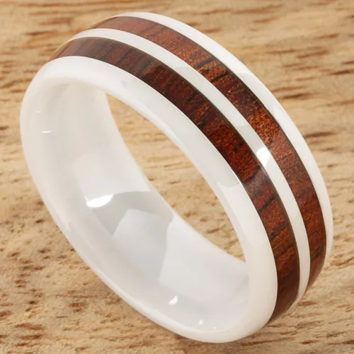 High Tech White Ceramic Natural Koa Wood Double Row Oval Wedding Ring 8mm