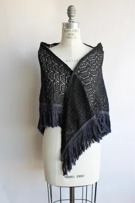 Vintage 1970s Black Woven Shawl with Navy Fringe